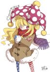 1girl american_flag_legwear bangs blonde_hair character_name clownpiece coat covered_mouth crossed_arms fur_trim hat jagabutter jester_cap mittens pantyhose pink_eyes polka_dot red_scarf scarf signature simple_background solo standing star star_print striped touhou wavy_hair white_background winter_clothes winter_coat 
