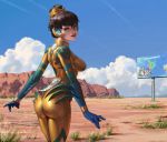  1girl 9 2016 ad alternate_color alternate_costume arms_at_sides artist_name ass b.va_(overwatch) bangs blue_gloves blue_sky bodysuit breasts brown_eyes brown_hair chome clouds cloudy_sky cowboy_shot d.va_(overwatch) overwatch 
