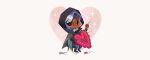  1girl ana_(overwatch) chibi dark_skin eyepatch facial_mark facial_tattoo full_body grey_hair heart needle overwatch scissors sewing sewing_needle simple_background solid_circle_eyes solo sparkle spool star tattoo thread tinysnails valentine white_background 