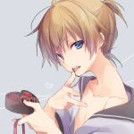  1boy bangs blue_eyes brown_hair chocolate collarbone finger_licking from_side heart kagamine_len kuroi_(liar-player) licking looking_at_viewer looking_to_the_side male_focus off_shoulder open_clothes short_hair solo upper_body valentine vocaloid 