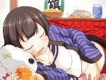  1girl =_= agano_(kantai_collection) black_hair bowl breasts cleavage closed_eyes collarbone commentary_request cup drooling food fruit kantai_collection kotatsu large_breasts long_hair mandarin_orange miss_cloud open_mouth ron_syouco saliva school_uniform serafuku skirt sleeping solo table under_kotatsu under_table 