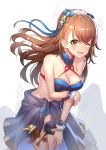  1girl beatrix_(granblue_fantasy) blush breasts brown_eyes brown_hair cleavage commentary_request embarrassed granblue_fantasy hair_ornament halter_top halterneck large_breasts long_hair looking_at_viewer one_eye_closed open_mouth ponytail ririko_(zhuoyandesailaer) sarong simple_background smile solo swimsuit tears thigh_strap wavy_mouth white_background wrist_cuffs 