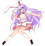  1girl :d animal_ears bangs blush breasts full_body highres huge_breasts long_hair looking_at_viewer necktie open_mouth pink_eyes pink_skirt puffy_short_sleeves puffy_sleeves purple_hair rabbit_ears red_necktie reisen_udongein_inaba shirt short_sleeves skirt smile socks solo sprout_(33510539) swept_bangs touhou very_long_hair white_legwear white_shirt 