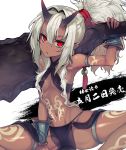  1girl :p armlet black_panties breasts club criss-cross_halter dark_skin grey_hair hair_between_eyes halterneck indian_style loincloth long_hair midriff navel oni_horns panties pointy_ears ponytail red_eyes sitting small_breasts solo string_panties tattoo thighlet tongue tongue_out underwear weapon wrist_cuffs yuunagi_(seventh_heaven) 