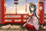  1girl above_clouds bird bird_on_hand black_hair blue_sky cherry_blossoms crown flower hair_ornament japanese_clothes lantern lens_flare licca_(liccas) long_hair looking_at_viewer miko original pillar pillow pointy_ears railing seiza sidelocks sitting sky smile solo sunrise wooden_floor yellow_eyes 