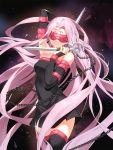  1girl arm_behind_head armpits bare_shoulders black_legwear blindfold chains closed_mouth facial_mark fate/stay_night fate_(series) forehead_mark highres long_hair pink_hair rider ronopu solo tattoo thigh-highs very_long_hair weapon 