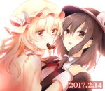  2girls blonde_hair blush brown_eyes brown_hair chocolate chocolate_heart hair_ribbon hat heart long_hair looking_at_viewer maribel_hearn mob_cap multiple_girls ribbon shimishimi15 short_hair touhou usami_renko valentine yellow_eyes yuri 