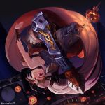  1girl absurdres aliza_(granblue_fantasy) doraf fang granblue_fantasy greaves halloween highres horns jack-o&#039;-lantern long_ponytail night ponytail red_eyes shorts_under_skirt twitter_username 