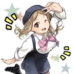  1girl black_shoes blush bow bowtie brown_eyes dirndl german_clothes hat light_brown_hair looking_at_viewer one_eye_closed onozuka_hikari open_mouth pink_bow pink_bowtie shoes sleeves_folded_up smile solo star tarazoo uniform v yama_no_susume 
