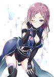  1girl adjusting_glasses blue_eyes breasts brown_hair cleavage cleavage_cutout dress fingerless_gloves garter_straps glasses gloves highres idolmaster idolmaster_cinderella_girls idolmaster_cinderella_girls_starlight_stage leaning_forward long_hair oimo solo thigh-highs yagami_makino 