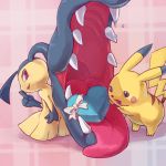  from_behind gift heart looking_back mawile no_humans open_mouth pikachu pink_background plaid plaid_background pokemon pokemon_(creature) pokemon_(game) ribbon saliva sharp_teeth teeth tongue valentine 