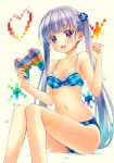  1girl bikini blush breasts controller game_controller heart long_hair marker_(medium) navel new_game! open_mouth purple_hair smile solo suzukaze_aoba swimsuit traditional_media twintails violet_eyes yuto_cafe 