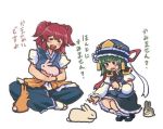  ._. 2girls :d =_= animal blush bow breasts commentary_request dress green_hair happy hat hat_bow hat_ribbon holding holding_animal indian_style juliet_sleeves long_sleeves multiple_girls onozuka_komachi open_mouth puffy_sleeves rabbit redhead ribbon shiki_eiki short_sleeves simple_background sitting skirt smile squatting terajin touhou translation_request trembling vest white_background 