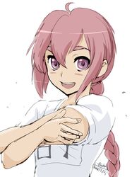  1girl 2016 4suke :d ahoge artist_name bangs blush braid dated fingernails gym_shirt hair_between_eyes kantai_collection long_hair looking_at_viewer name_tag nenohi_(kantai_collection) open_mouth pink_hair shirt short_sleeves simple_background single_braid smile solo teeth upper_body very_long_hair violet_eyes white_background white_shirt 