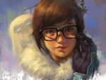  1girl 9 2016 artist_name bangs black-framed_eyewear blue_gloves brown_eyes brown_hair chome closed_mouth coat dated drone eyelashes face floating fur-trimmed_jacket fur_coat mei_(overwatch) overwatch snowball_(overwatch) 