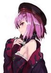  1girl andrian_gilang bare_shoulders breasts fate/grand_order fate_(series) hat helena_blavatsky_(fate/grand_order) highres looking_to_the_side off_shoulder profile purple_hair short_hair simple_background sketch small_breasts smile solo tree_of_life violet_eyes white_background 