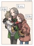  3girls blush brown_hair carrying coat denim earrings gloves grey_hair hair_ornament hairclip hand_on_another&#039;s_face hands_in_pockets heart jeans jewelry long_hair m_k multiple_girls pants princess_carry scarf short_hair smile spoken_heart translation_request updo winter_clothes winter_coat yuri 