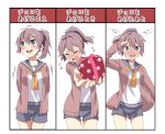  &gt;:d 1girl :d @_@ aoba_(kantai_collection) blush box closed_eyes commentary_request fidgeting flying_sweatdrops gift gift_box green_eyes jacket kantai_collection looking_away multiple_views neckerchief open_mouth purple_hair ribbon salute school_uniform scrunchie serafuku short_ponytail shorts smile translated valentine zero_(miraichizu) 