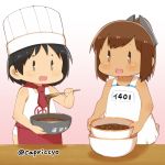  2girls apron black_hair bowl brown_eyes brown_hair capriccyo character_name chef_hat chibi chocolate hat i-401_(kantai_collection) kantai_collection maru-yu_(kantai_collection) multiple_girls open_mouth ponytail sailor_collar school_swimsuit short_hair short_ponytail spatula swimsuit toque_blanche twitter_username white_school_swimsuit white_swimsuit 