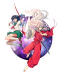  1boy 1girl :o animal_ears arrow barefoot black_hair bow_(weapon) brown_shoes circle floating_hair foreshortening green_skirt higurashi_kagome inuyasha inuyasha_(character) japanese_clothes jewelry jumping kneehighs long_hair motobi_(mtb_umk) necklace pants pearl_necklace pleated_skirt red_pants school_uniform serafuku sheath shoes silver_hair skirt sword weapon white_legwear wide_sleeves 