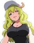  1girl bangs bare_shoulders baseball_cap black_shirt blonde_hair breasts cleavage collarbone dragon_girl dragon_horns eyebrows_visible_through_hair from_below gradient gradient_eyes green_eyes hair_between_eyes hat heterochromia horns kobayashi-san_chi_no_maidragon large_breasts lips long_hair looking_at_viewer multicolored multicolored_eyes open_mouth pink_hat quetzalcoatl_(maidragon) shirt simple_background sleeveless sleeveless_shirt slit_pupils smile solo tank_top tawashi1623 upper_body violet_eyes wavy_hair white_background yellow_pupils 