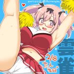  +_+ 1girl :d aoi_manabu arm_up armpits bare_shoulders bespectacled black_ribbon blush breasts cheerleader dated glasses hair_ribbon happy_birthday hibari_(senran_kagura) kneepits large_breasts leg_up looking_at_viewer navel open_mouth panties pink_hair pom_poms red-framed_eyewear ribbon semi-rimless_glasses senran_kagura senran_kagura_(series) short_hair short_twintails smile solo sweat symbol-shaped_pupils translation_request twintails twitter_username under-rim_glasses underwear violet_eyes white_panties 
