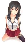 1girl ? alternate_hairstyle asymmetrical_legwear bare_shoulders black_hair blush breasts cleavage collarbone commentary_request gloves hair_between_eyes highres kanpyo_(hghgkenfany) kantai_collection kneeling long_hair looking_at_viewer midriff necktie pleated_skirt red_eyes school_uniform serafuku single_thighhigh skirt solo thigh-highs tsurime white_gloves yahagi_(kantai_collection) 