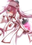  1girl alternate_costume armband blush gloves green_eyes hat looking_at_viewer mary_skelter mizunashi_(second_run) nurse nurse_cap one_eye_closed open_mouth oyayubihime_(mary_skelter) pink_hair solo syringe twintails 