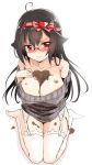 1girl 3:&lt; ahoge animal_ears bangs black_hair blush breasts cat_ears chocolate chocolate_on_breasts cleavage closed_mouth collarbone eyebrows_visible_through_hair food food_between_breasts food_on_face full_body garter_straps glasses grey_sweater hair_between_eyes hair_ribbon heart large_breasts long_hair looking_at_viewer nose_blush off_shoulder original pink_ribbon red_eyes ribbed_sweater ribbon simple_background sitting solo sweatdrop sweater thigh-highs unname valentine wariza white_background white_legwear 