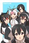  &gt;:) 5girls :&lt; :d :o aqua_background black_hair blush border breasts brown_eyes collar copyright_name cowboy_shot drawstring emperor_penguin_(kemono_friends) eyebrows_visible_through_hair fang from_side gentoo_penguin_(kemono_friends) grin hair_between_eyes hair_over_one_eye hands_in_pockets headphones highres hood hoodie humboldt_penguin_(kemono_friends) kemono_friends long_hair long_sleeves looking_at_viewer medium_breasts minowa_sukyaru multicolored_hair multiple_girls open_mouth outside_border portrait red_eyes rockhopper_penguin_(kemono_friends) royal_penguin_(kemono_friends) short_hair simple_background smile tareme teeth tsurime two-tone_hair white_border zipper 