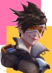  1girl 9 2016 artist_name bangs bodysuit bomber_jacket brown_eyes brown_hair brown_jacket chome closed_mouth dated eyelashes fur_trim goggles harness jacket leather leather_jacket nose overwatch portrait tracer_(overwatch) 
