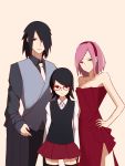  1boy 2girls black_hair breasts cleavage dress facial_mark family forehead_mark formal green_eyes hair_over_one_eye hairband hand_on_hip haruno_sakura husband_and_wife looking_at_viewer multiple_girls naruto necktie pink_hair red_dress red_eyes smile thigh-highs uchiha_sarada uchiha_sasuke vic zettai_ryouiki 