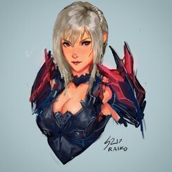  1girl aranea_highwind armor breasts brown_eyes cleavage final_fantasy final_fantasy_xv highres large_breasts raikoart silver_hair simple_background solo 