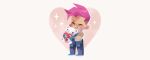  1girl chibi fingerless_gloves full_body gloves heart overwatch pink_hair scar short_hair simple_background solid_circle_eyes solo sparkle star stuffed_animal stuffed_toy teddy_bear tinysnails valentine white_background zarya_(overwatch) 