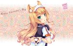  1girl animal_ears arms_behind_back artist_name blonde_hair blush cat_ears chestnut_mouth curly_hair english floral_background from_behind green_eyes happy_valentine heart heart_hands highres long_hair looking_at_viewer looking_back maid maid_headdress maple_(sayori) nekopara official_art puffy_short_sleeves puffy_sleeves sayori short_sleeves slit_pupils solo upper_body valentine wallpaper wrist_cuffs 