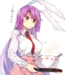  1girl animal_ears bei_mochi between_breasts bowl breasts bunny_head bunny_tail chopsticks commentary_request frown holding large_breasts long_hair long_sleeves necktie pink_skirt purple_hair rabbit_ears red_eyes reisen_udongein_inaba shirt skirt solo steam tail touhou translated tray very_long_hair white_shirt 