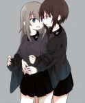  2girls bangs black_skirt black_sweater blue_eyes brown_eyes brown_hair cardigan cowboy_shot dress_shirt fud girls_und_panzer grey_background grey_shirt hug hug_from_behind itsumi_erika long_hair long_sleeves looking_at_another looking_back miniskirt multiple_girls nishizumi_maho open_cardigan open_clothes parted_lips pleated_skirt school_uniform shirt short_hair silver_hair simple_background skirt standing sweater yuri 