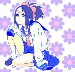  black_eyes black_hair bow floral_background hair_bow lowres oekaki oora_kanako oura_kanako ponytail sayonara_zetsubou_sensei school_uniform serafuku sitting sleeves_past_wrists solo 