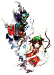  bad_id brown_hair cat_ears cat_tail chen earrings ghost hat highres horns jewelry mouth_hold painting sakuma tail touhou traditional_media watercolor watercolor_(medium) 