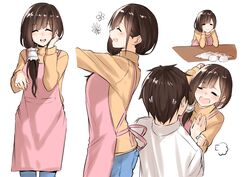  1boy 1girl :&lt; =3 =_= ^_^ apron bangs blush closed_eyes closed_mouth cowboy_shot denim eyebrows_visible_through_hair flower frown hand_on_own_cheek hand_up happy jeans kyoo-kyon_(kyo-kyon) long_hair low_ponytail mother_and_son multiple_views open_mouth original pants pink_apron shirt side_ponytail simple_background sketch smile sweatdrop sweater table tears teeth turtleneck turtleneck_sweater white_background white_shirt 