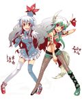  blue_hair caved ex-keine ex_keine fishnet_pantyhose fishnets green_hair horn_ribbon horn_ribbons horns kamishirasawa_keine long_hair microphone middle_finger pantyhose red_eyes ribbon ribbons thigh-highs thighhighs touhou 