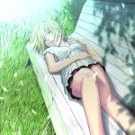  blonde_hair blouse closed_eyes foreshortening grass lying on_back original outdoors petals shade shadow short_hair skirt sleeping ssi 