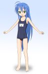  barefoot blue_hair flat_chest green_eyes highres izumi_konata long_hair lucky_star mole one-piece_swimsuit school_swimsuit swimsuit takafumi 