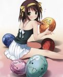  balloon bare_shoulders blush brown_hair casual churuya drawing hairband highres kantoku looking_back pleated_skirt short_hair sitting skirt suzumiya_haruhi suzumiya_haruhi_no_yuuutsu yellow_eyes 