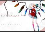  aqua_hair blonde_hair bow character_name flandre_scarlet frills grin hand_on_hat hat kneehighs loose_socks mary_janes multicolored_hair ponytail red_eyes shoes short_hair side_ponytail smile socks solo standing the_embodiment_of_scarlet_devil touhou wallpaper white_legwear wings 