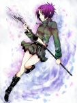  bad_id belt boots buttons chain chains chrome_dokuro eyepatch jacket katekyo_hitman_reborn katekyo_hitman_reborn! midriff miniskirt petals polearm purple_eyes purple_hair short_hair short_skirt skirt skull skulls staff trident violet_eyes weapon 