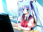  blue_hair computer computer_keyboard computer_mouse game_cg katsuragi_kotori keyboard monitor mouse munyuu purely school_uniform solo twintails 