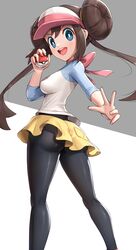  bag black_legwear blue_eyes bow brown_hair double_bun gonzarez handbag highres legwear_under_shorts long_hair pantyhose pink_bow pokemon pokemon_(game) pokemon_bw2 raglan_sleeves rosa_(pokemon) shoes short_shorts shorts sneakers twintails very_long_hair visor_cap yellow_shorts 