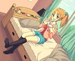  casual dutch_angle feet hair_bobbles hair_ornament holding holding_panties hoodie kimarin kneehighs on_bed open_mouth orange_hair original panties pink_panties shorts sitting smile socks twintails underwear window 