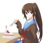  cake cardigan food fork genderswap kyon kyonko long_hair pastry ponytail school_uniform suzumiya_haruhi_no_yuuutsu unknown 